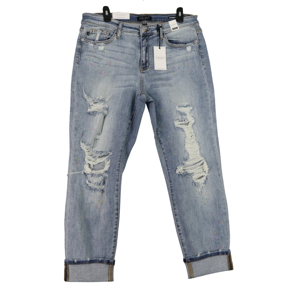 Judy Blue Rainbow Paint Splatter Boyfriend Fit Jeans Womens 15 32 Mid Rise NWT